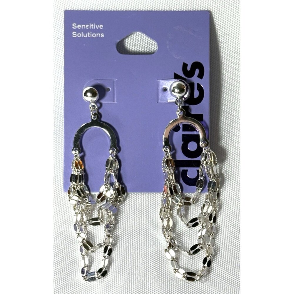 Claire's Sensitive Silver-Tone Tinsel Layered 3" Drop Earrings NWT